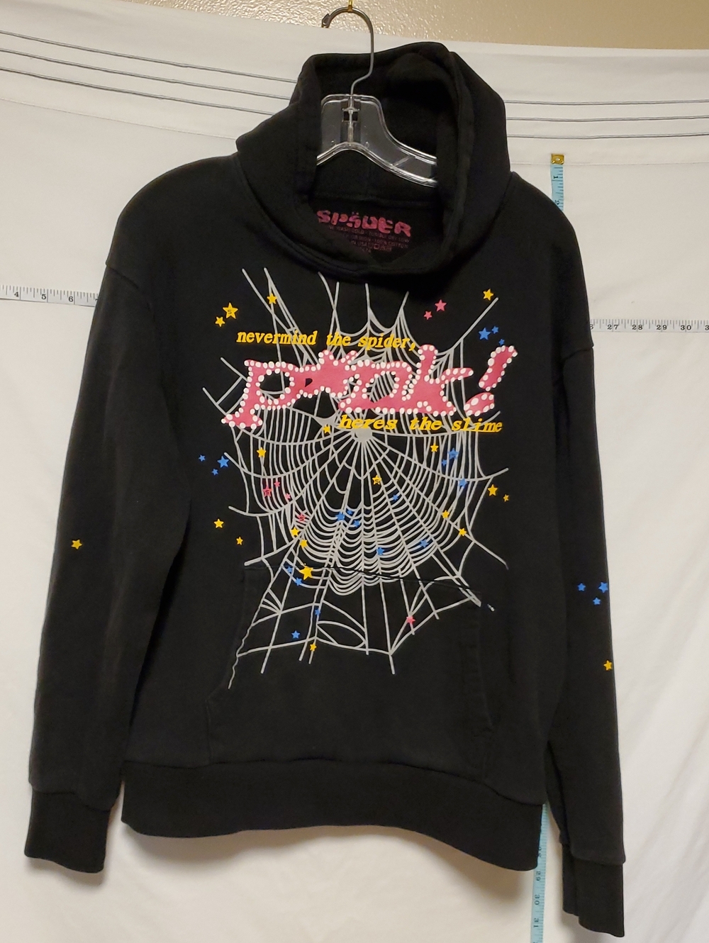 Sp5der Web P*nk Graphic Hoodie - Black with Pink & Yellow Design Small